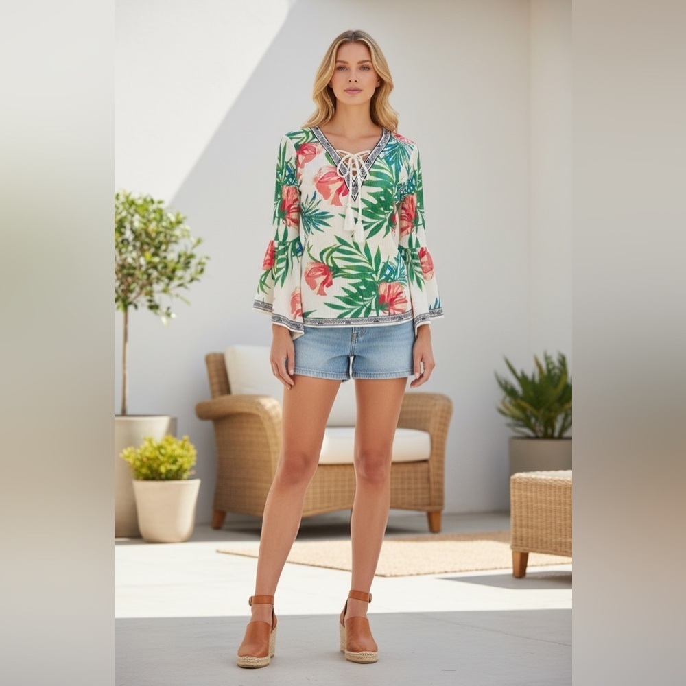 3/$30 ☀️ Boston Proper Floral Lace-Up Bell Sleeve Top